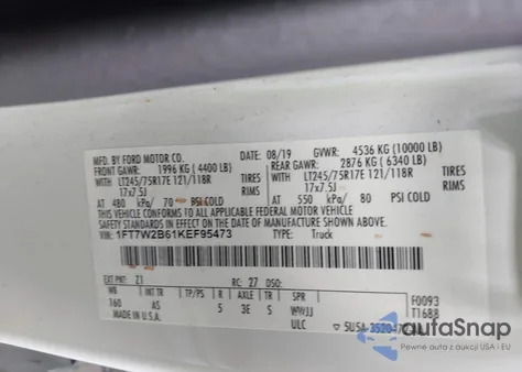 2019 Ford F250 Xl из США, поврежденный, VIN 1FT7W2B61KEF95473